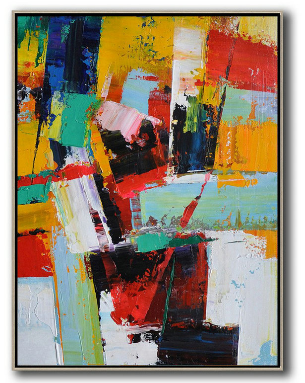 Hand Painted Acrylic Painting,Vertical Palette Knife Contemporary Art,Extra Large Artwork,Yellow,Red,White,Blue.etc